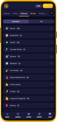 Screenshot of all sports in the Roobet app