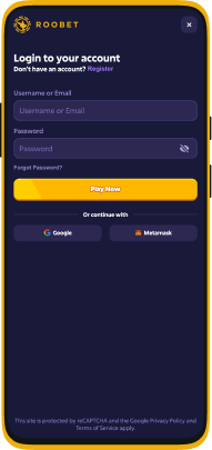 Screenshot of login to the Roobet app