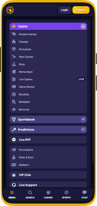 Screenshot of the Roobet application menu