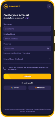 Screenshot of registration in the Roobet application