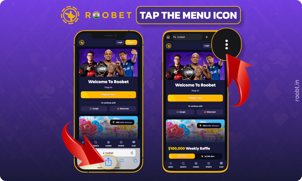 Open the browser menu to download the Roobet app